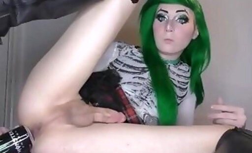 Green haired shemale dildoing her ass