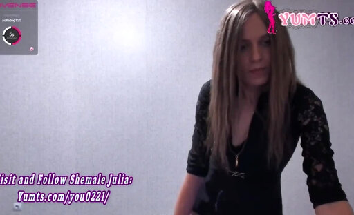 petite European brunette tgirl in dress shoots big cum on webcam