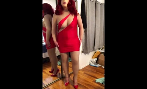 Deanna CD Doll in red short open dress, flashing her panties