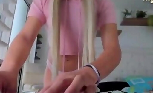 slim teen colombian transgirl tugs her big banana cock on webcam