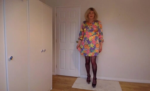 Summer dress, black pantyhose and high heels