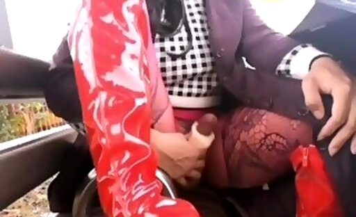Busty curbside cumshot series 3. Red stockings and red boots play at the bus stop (01:22)