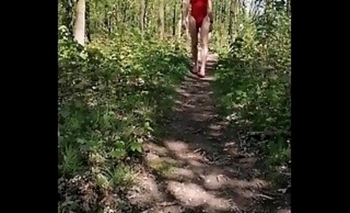 walk in red swimsuit and heels