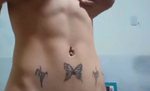 Skinny femboy masturbates her big cock