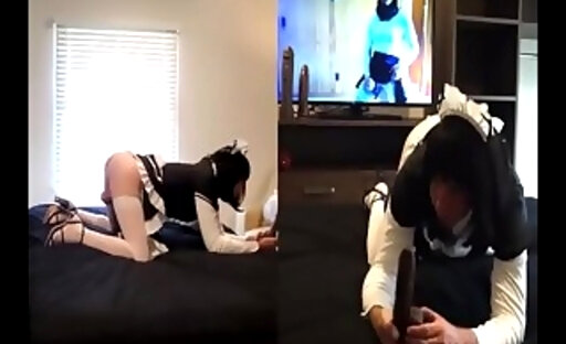 sissy maid in pale leggings log in her ass