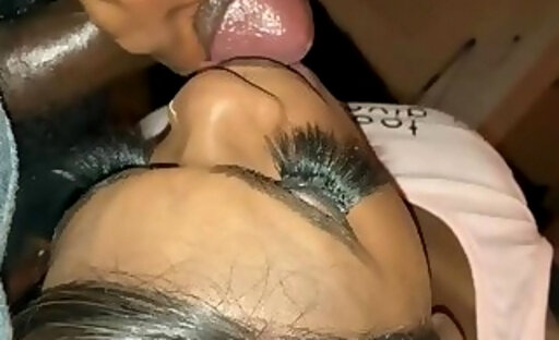 Big tit ebony glam pierced tranny swallows hot cum