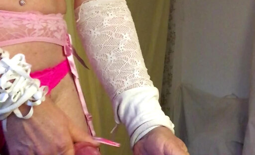 Cumshot, big cock, redhead, long nails, pink outfit
