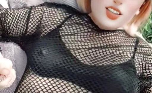 Redhead Crossdresser Outdoor Fishnett