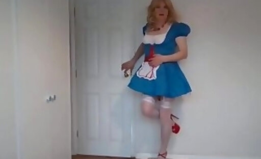 Cute blue outfit, white stockings, red heels and showing my sexy ass cheeks