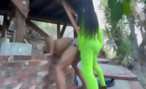 big ass ebony shemale green body suit fucks guy outdoors