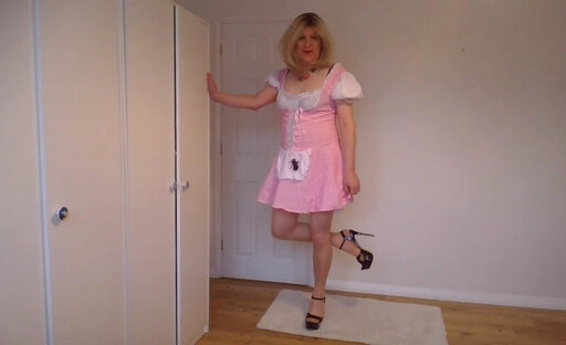 Pink uniform, pantyhose and black bra strip