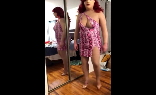 Deanna CD Doll in short purple dress forgot her panties