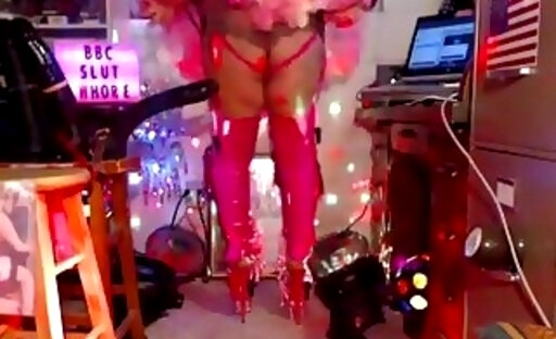 Shiny pink PVC thigh-high boots and pink sissy tutu to tease my BLACK DADDY Tre's BB12"NC