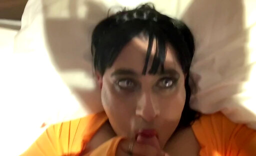 Yasmin Mia slut Tgirl CD swallows cum laying on bed cumshot in mouth