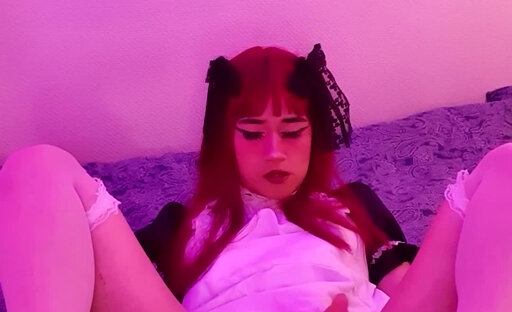 Maid costume, using a vibrator on my chastity cage until I squirt