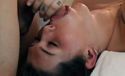 Daisy crawls under the table so she can give Jayden a blowjob