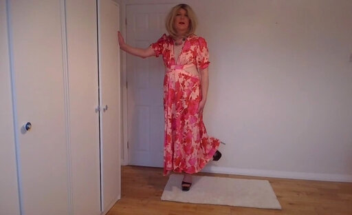 Red summer dress, pantyhose and black heels