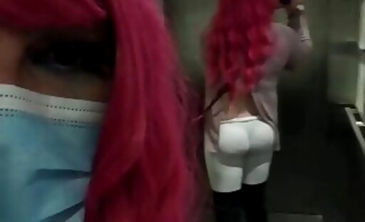 Sexy trans pink hair thong booty in elevator