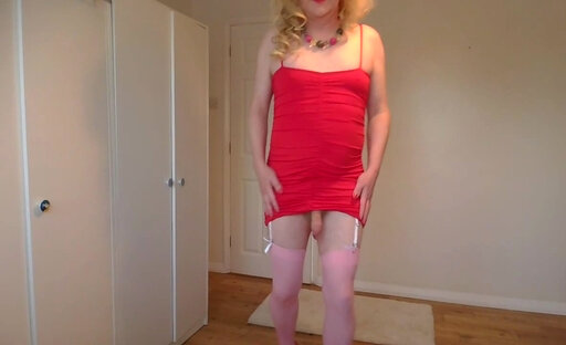 Nude strip in red cocktail dress and pink stockings