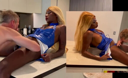 Ebony tranny mistress fucks her bf's ass in the kitchen