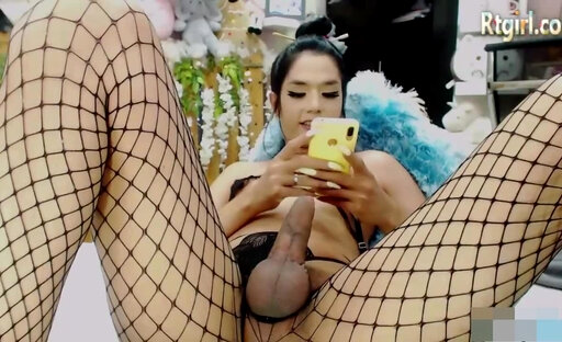 big balls shemale in fishnet stockings strokes her dick on webcam