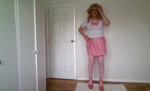 Taking my skirt off in a white and pink uniform and stockings