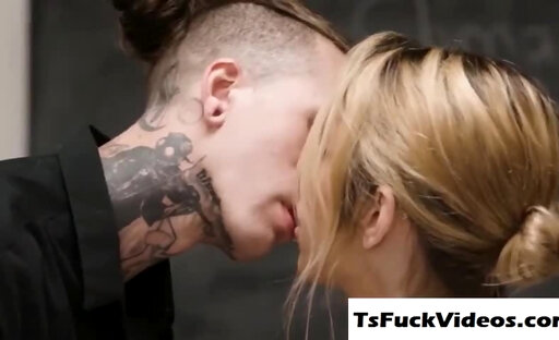 Busty trans teacher Casey Kisses anal fucked in a class