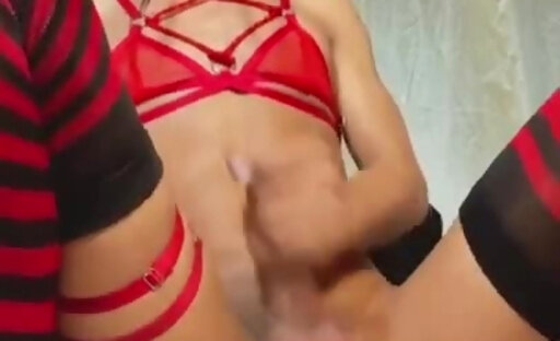 Kim red top dildo cum