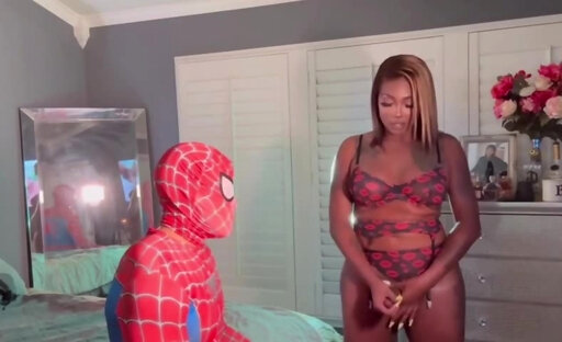 Big ebony shemale tears apart spiderman's asshole