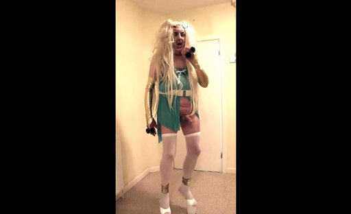 Blonde slut in green dress