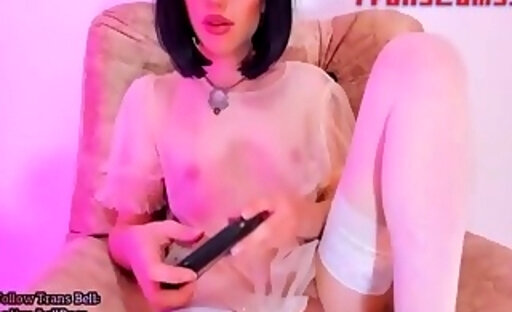 skinny latina tgirl in stockings tugs her huge dick on webcam