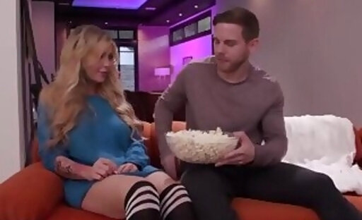 A movie night turns to a transgender sex with busty blonde Gracie Jane