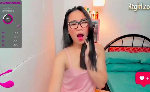 small tits Asian trans cutie in glasses strokes her dick on webcam