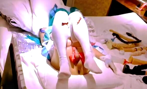 Vocaloid Cosplayers in striped maid outfit anal training with long dildo part 2