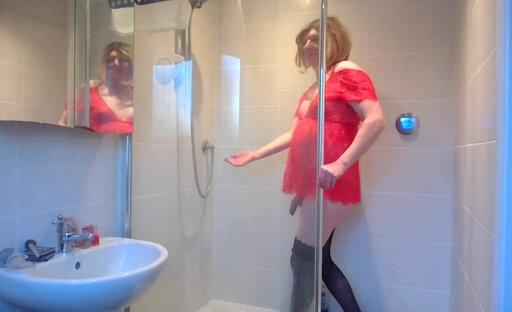 Black stockings and red negligee in the shower