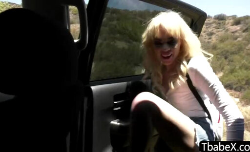 Slim blonde ts cutie Kate Zoha slurps a bigcock in the car