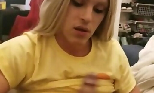 Blond crossdresser sucking cock and cummed in mouth-pov