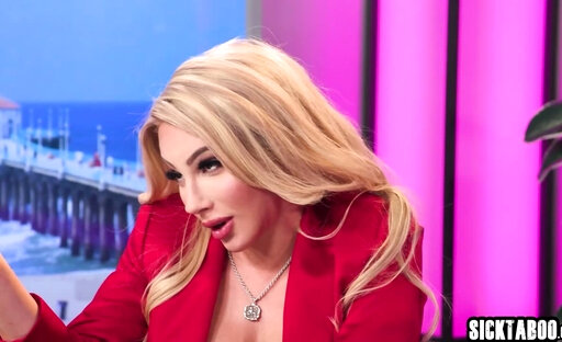 Two big cock shemales fucked black MILF in the middle of the TV program