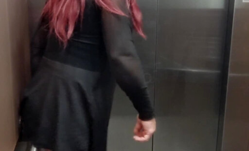 Shemale wearing lingerie in public and playing with a BBC dildo