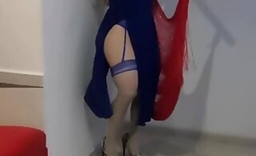 Sexy blue dress in highheels blonde girl facemask