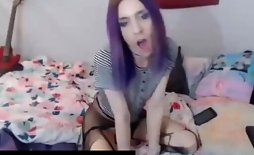 Purple Hair Transslut Shows Off Body And Jerks 154411 1