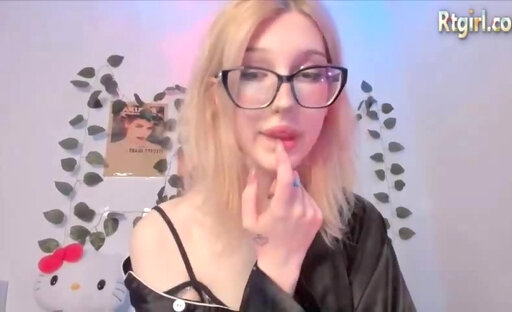 petite trans cutie in lingerie and  glasses strokes her small cock