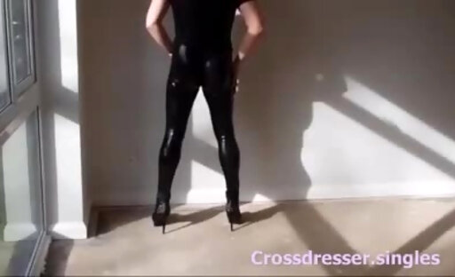 Crossdresser In Latex Leggings and Heels Feeling Horny