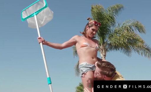 Slutty Trans Poolgirl Cheers Up Sad Hunk wt Her Massive