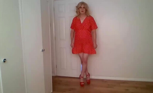 Red dress, high heels and g-string