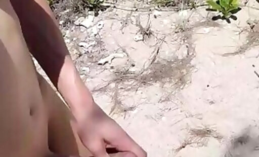 Sexy shemale exhibitionist strokes big cock on beach