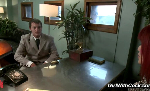 An arrogant intern Mike J tries to bully the sexy shemale secretary Eva Lin