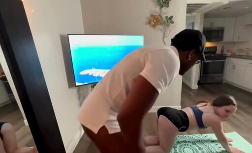 Shemale doing yoga chores while getting fucked