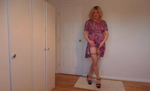 Nude pantyhose, summer dress and heels