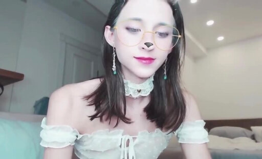 Bunny tranny in white lingerie and hot legs masturbating